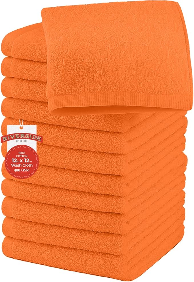 RIVERSIDE 12 Pack Washcloths - 12x12 Inches, 400 GSM, 100% Ring-Spun Cotton - Soft, Absorbent & Durable Face and Body Towels - for Bathroom, Spa, Gym, Makeup Removal & Everyday Use - Orange