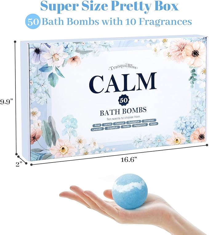 TranquilBliss Bath Bombs Set 50 PCS with 10 Rich Scents, Bath Bombs for Women, Natural Bubble Bombs with Shea Butter & Safe Oil, Ideal for Christmas, Birthday, Valentine's Day Mother's Day Present