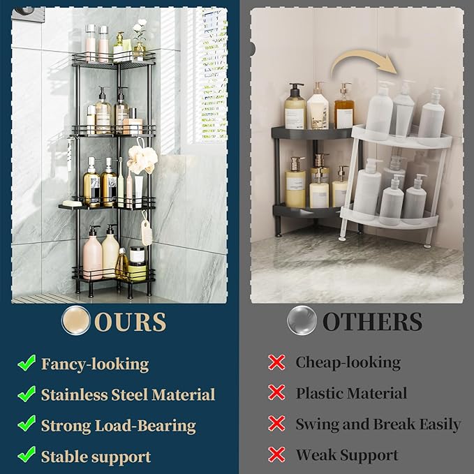 Consumest Corner Shower Caddy Standing - 4-Tier Stainless Steel Shower Organizer with Soap Holder and 4 Hooks, Large Capacity Corner Shelf Stand for Bathroom, Rest Room, Black