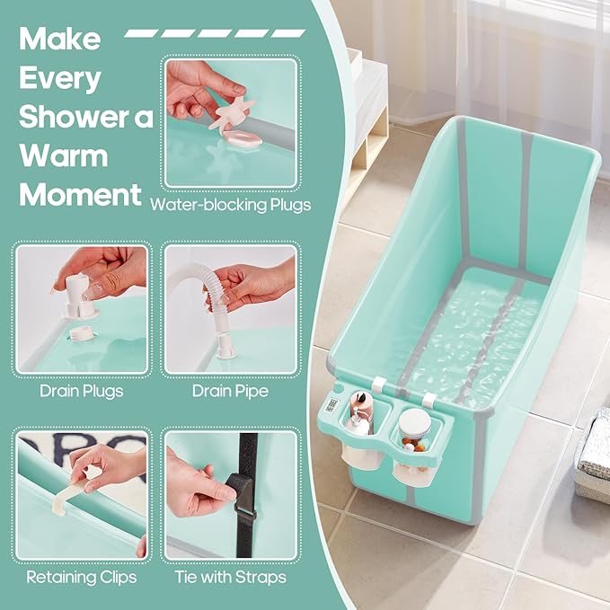 Collapsible Baby Bathtub Foldable Bathtub for Toddler Portable Large Foldable Bath Tub Bathtub for Kids Petite with Thermometer and Storage Basket (Green)