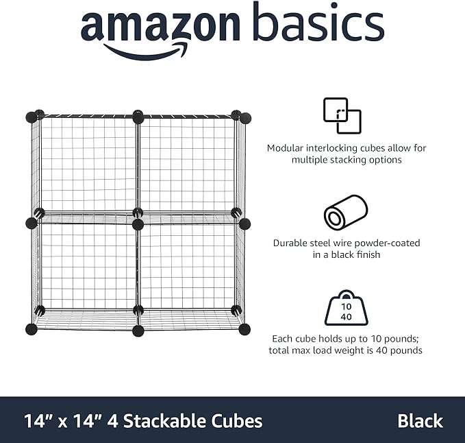 Amazon Basics 4 Cube Storage Organizer - Wire Grid Closet and Shelves, Stackable, Black 14"x14"x14"