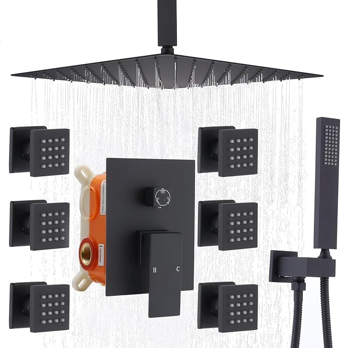 Enga Full Body Shower System with Body Jets, 12 Inch Powerful Rainfall Shower and Handheld Spray, Rough-in Mixer Valve Concealed Shower Faucet Set Complete, Matte Black