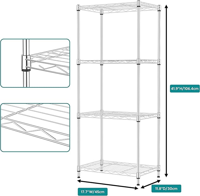 IZEUK 4 Tier Metal Wire Shelf Unit, Chrome Storage Rack Organizer for Kitchen, Bedroom, Living Room or Laundry Room, 17.7" W x 11.8" D x 41.9" H