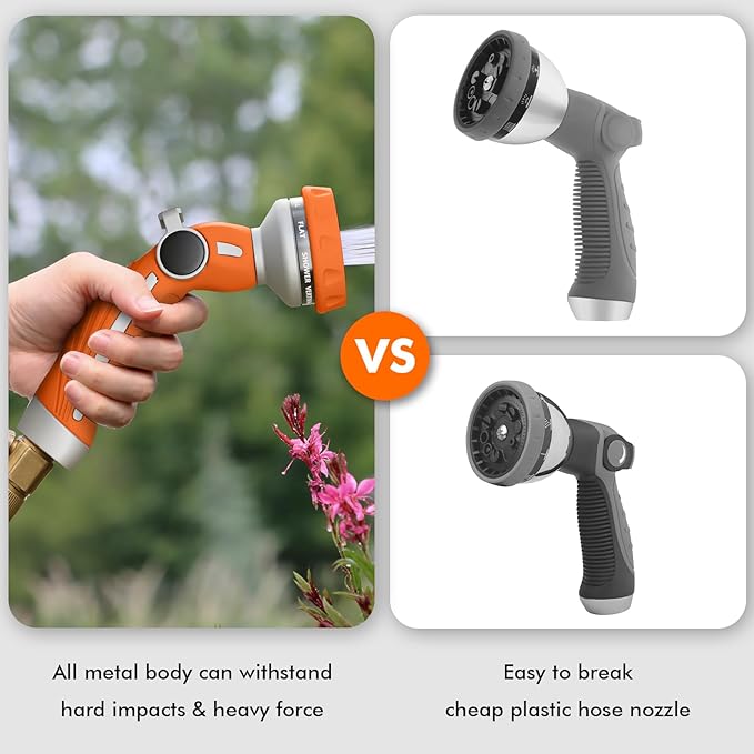 RESTMO Hose Nozzle Heavy Duty, Metal Water Hose Sprayer for Garden, 9 Spray Patterns | High Pressure | Thumb Flow Control | On/Off Valve, Ideal for Lawn & Plant Watering, Car & Pet Washing, Orange