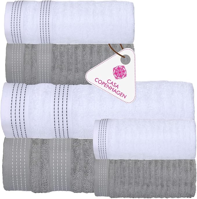 CASA COPENHAGEN Elegance 6 Pieces Towel Set- Grey Violet + White, 550 GSM 2 Bath Towel 2 Hand Towel 2 Washcloth, Designed in Denmark Made of Soft Egyptian Cotton for Bathroom, Kitchen and Shower