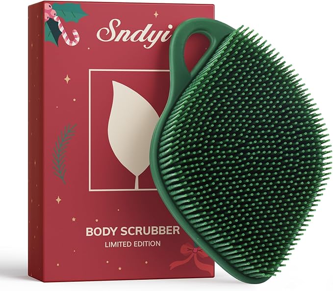 Sndyi Christmas Silicone Body Scrubber, Limited Edition Leaf-Shaped Shower Brush for Gentle Cleanse & Exfoliation, Soft Silicone Loofah Body Brush for Sensitive Skin, Perfect Holiday Gift, Evergreen