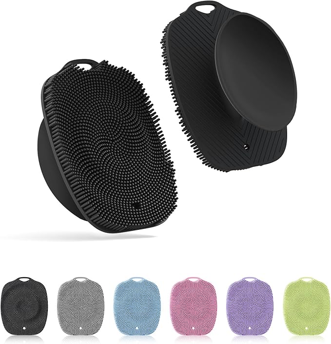 Soft Silicone Body Scrubber, Gentle Like a Hand Exfoliating Your Skin and Build Up Lather Easily, Back Large Suction Cup Easy to Store, Long-Lasting & Deep Clean (Black)