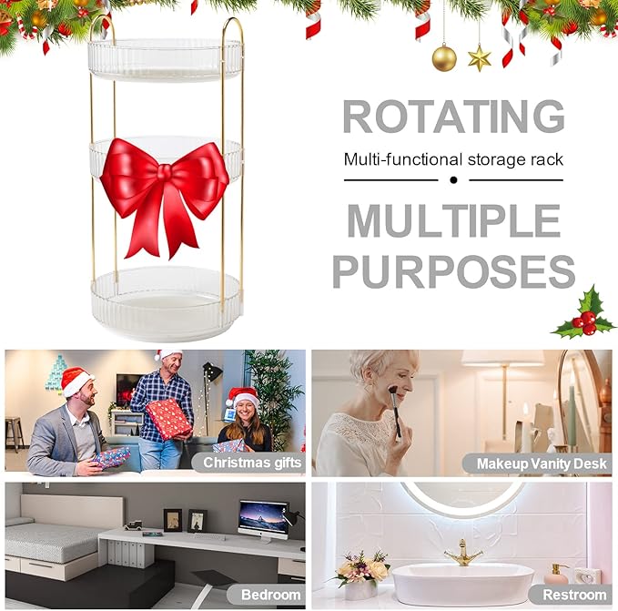 360° Rotating Makeup Organizer, Bathroom Make Up Spinning Holder Rack, Large Capacity Cosmetics Storage Vanity Shelf Countertop, Fits Cosmetics, Perfume, Skincare, Lipsticks(3 Tiers, Clear)