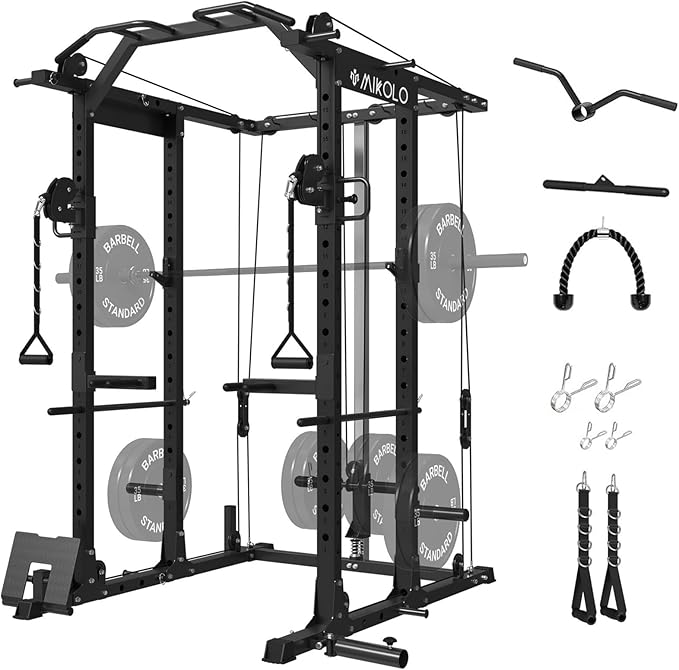 Mikolo Power Cage, Power Rack with Cable Crossover System, 1500LBS Squat Rack with LAT Pull Down System, Workout Cage with Pulley System for Fitness Home Gym