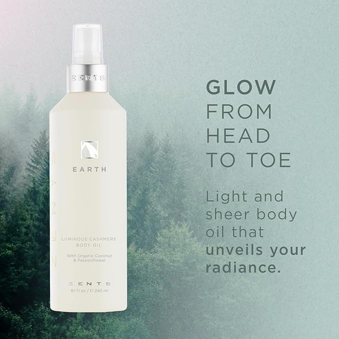 Zents Luminous Cashmere Body Oil (Earth Fragrance) | Moisturizing Body Oil with Vitamin E & Organic Coconut Oil | Softens & Smooths Skin | 8 fl oz