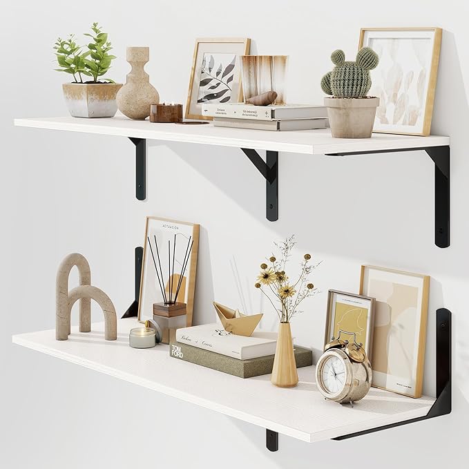 36 Inch White Floating Shelves Wall Mounted, 12 Inch Deep Wall Shelves with Visible Brackets, Deep Bookshelf for Home, Rustic Bathroom Shelf, Deep Shelves for Plant, Books, Set of 2