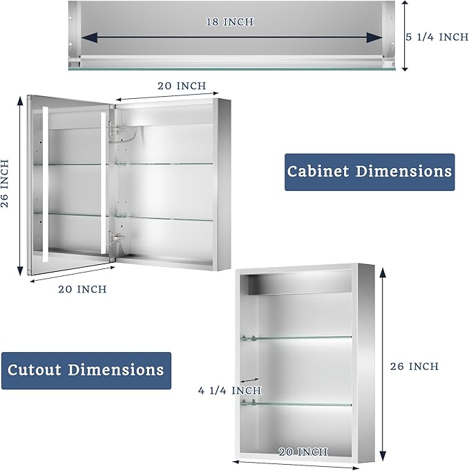 ExBrite Lighted Bathroom Medicine Cabinet, 20 x 26 Inch, Recessed or Surface led Medicine Cabinet, Defog, Stepless Dimming,Color Temper Change, 2 Outlets, Storage Shelves, Left Hinge