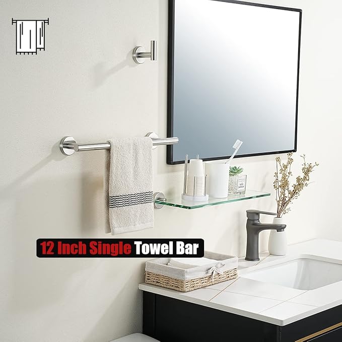 JQK Bathroom Towel Bar, 15 Inch 304 Stainless Steel Thicken 0.8mm Towel Rack, Towel Holder Brushed Finished Wall Mount, Useable Length 12 Inch, TB110L12-BN