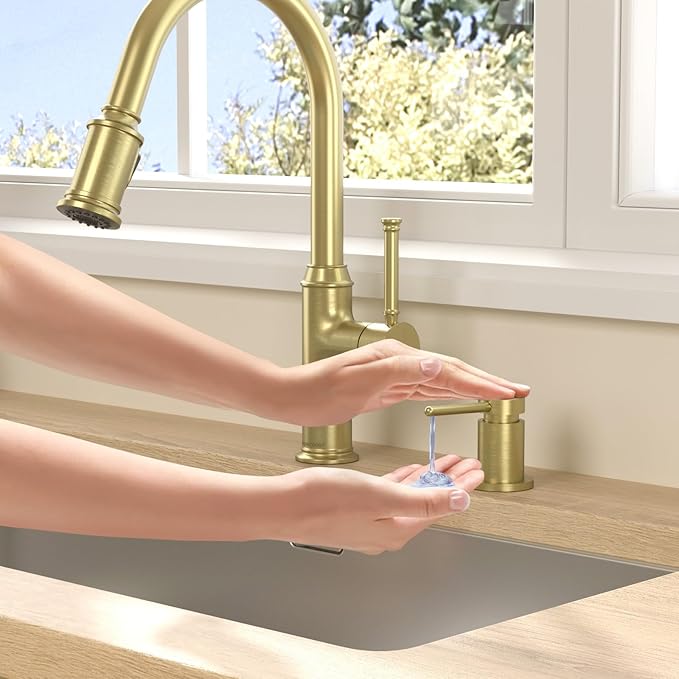 Lava Odoro Gold Soap Dispenser for Kitchen Sink, Modern Brass Built in Countertop Pump Dispenser with 18 Oz Refillable Bottle, Kitchen Soap and Lotion Dispenser Spot-Free, Brushed Gold, KSD-21
