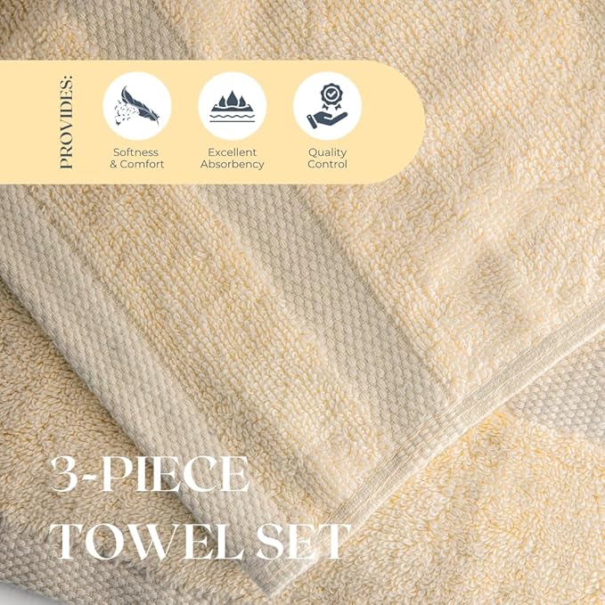 Egyptian Cotton Towel Set - 3 Piece | Ultra Soft 100% 600 GSM Towels | 1 Bath, 1 Hand, 1 Washcloth | Quick Dry, Durable for Bathroom, Home, Spa, Gym | Premium Towel Set (Off White)