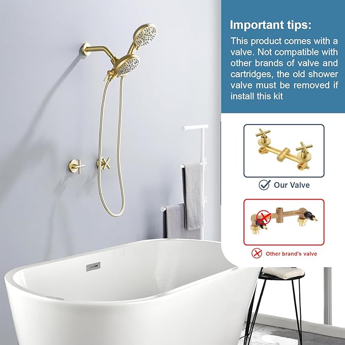 2 Handle Shower Faucet Shower System Complete 2 in 1 Shower Combo Set with Handheld Showerhead Shower Trim Kit Wall Mounted Shower Fixtures Brushed Gold