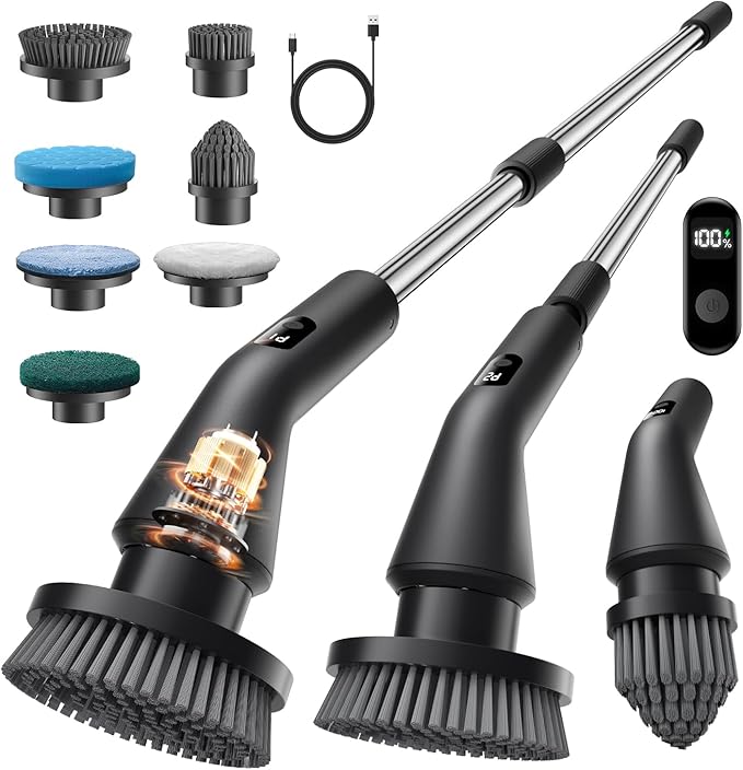 Electric Spin Scrubber, 2025 New Cordless Cleaning Brush for Home, IPX7 Waterproof Spin Scrubber with 7 Brush Heads, Adjustable Long Handle and 2 Rotating Speeds for Bathroom Tub Floor