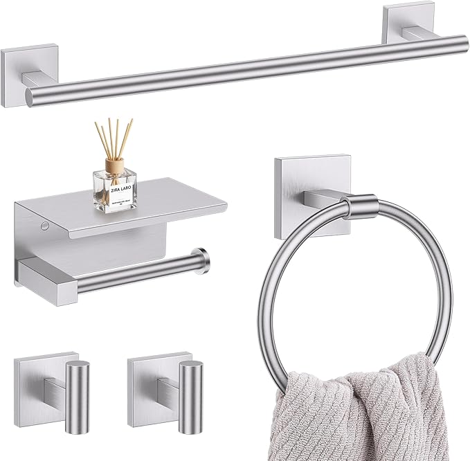 5-Piece Brushed Nickel Bathroom Hardware Set, SUS304 Stainless Steel Bathroom Accessories Set 23.6 inches Towel Bar, Toilet Paper Holder with Shelf, Towel Ring and Two Towel Hooks Wall-Mounted