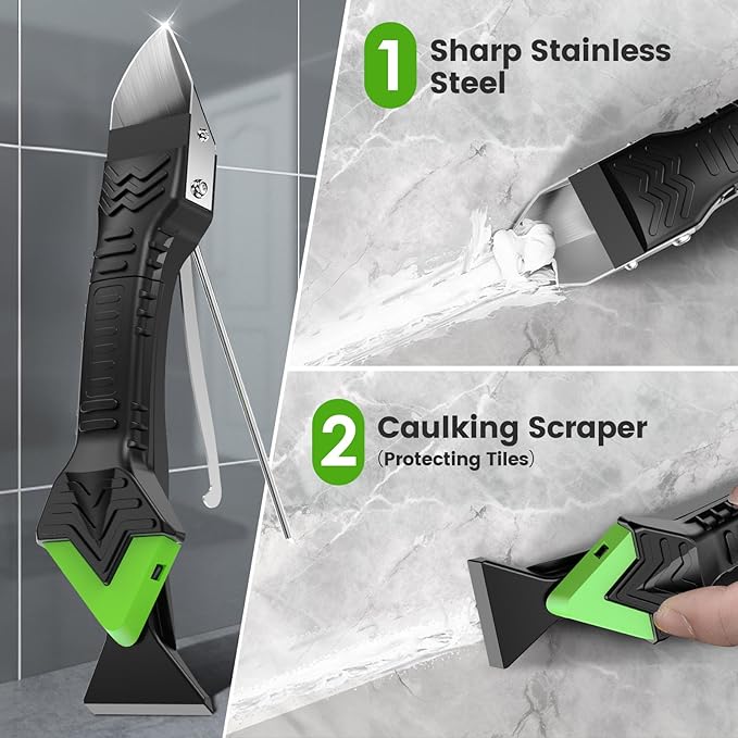 Caulking Tool 5 in 1 Silicone Caulking Grout Removal Sealant Finishing Tool with Grout Scraper, 6 Exchange Silicone Pads, Adhesive Residue Scraper Seam Repair Kit for Kitchen Bathroom