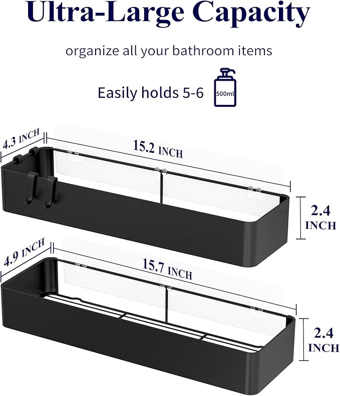 Kitsure Shower Caddy - 2 Pack Adhesive Shower Organizer, Rustproof Metal Shelves, No-Drill Bathroom Organizers and Storage, Black, XX-Large