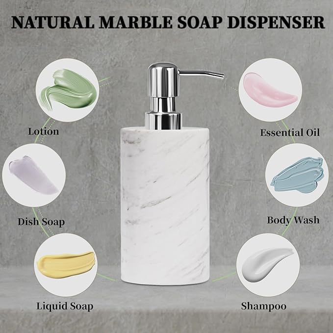 Marble Soap Dispenser with Stainless Steel Pump, White Hand Liquid Soap Dispenser, 6 Ounces for Bathroom