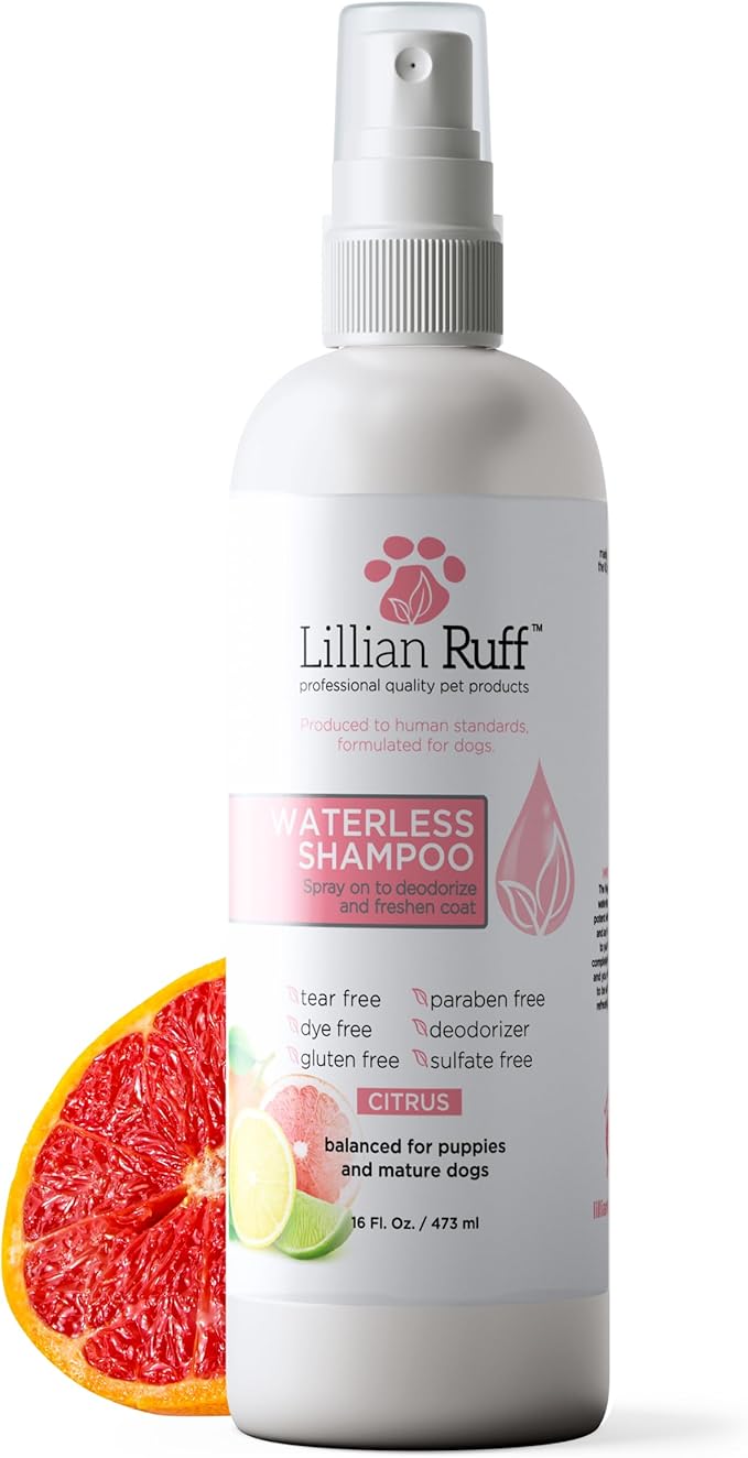 Lillian Ruff Waterless No-Rinse Dog Dry Shampoo Spray with Hydrating Essential Oils - pH-Balanced Dry Shampoo for Dogs - Clean, Condition, Detangle & Deodorize Dry, Sensitive Skin (Citrus)