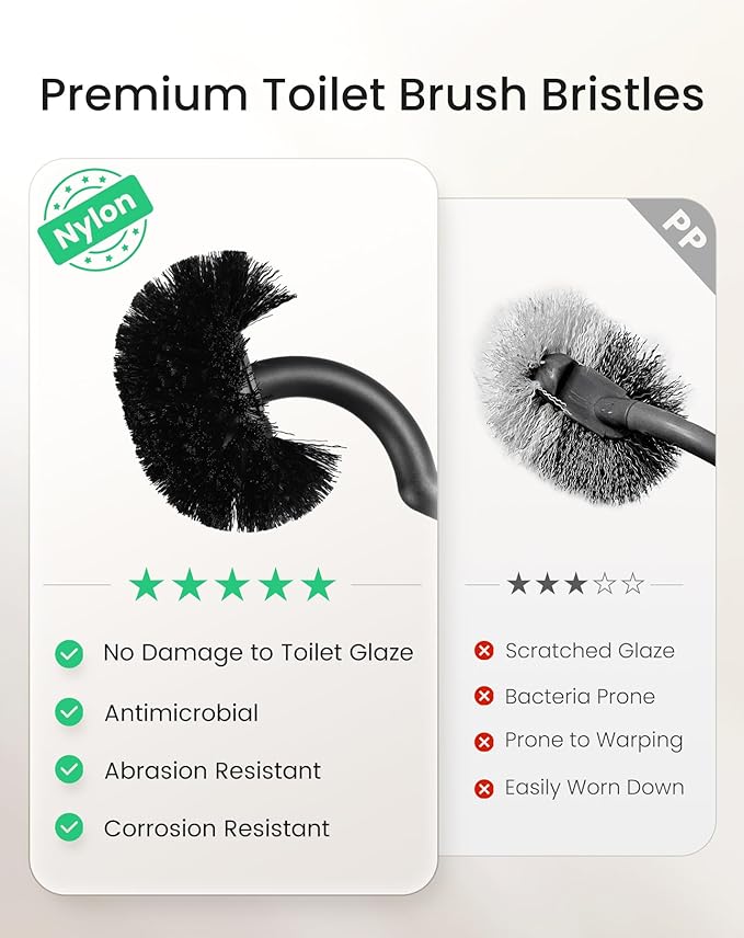 Cesun Toilet Brush and Holder Set - Curved Design Toilet Brush for Deep Cleaning Under Rim, 304 Stainless Steel Toilet Bowl Brush and Holder for Bathroom, Rv, Black(2 Replaceable Brush Head Included)