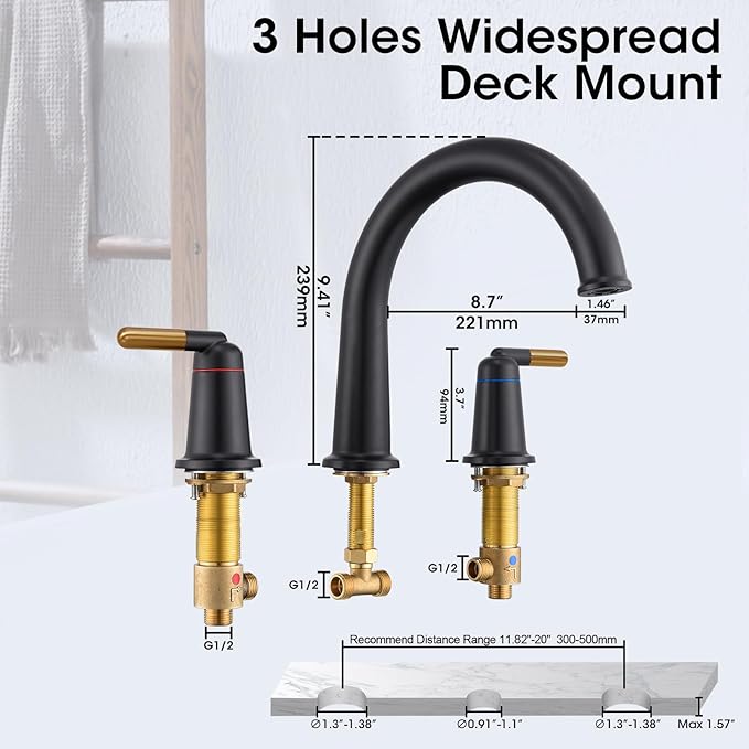 Black & Rose Gold Roman Bathtub Faucet Set with Valve High Flow 10.25 GPM Tub Faucets 3 Hole Widespread Deck Mount Tub Filler