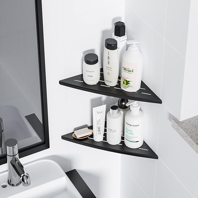 Corner Shower Shelf Matte Black, 304 Stainless Steel 11.5” Recessed Corner Shelf Bathroom for Tiled Wall, Floating Shower Shelves Shampoo Holder, No Drilling, 2 Pack