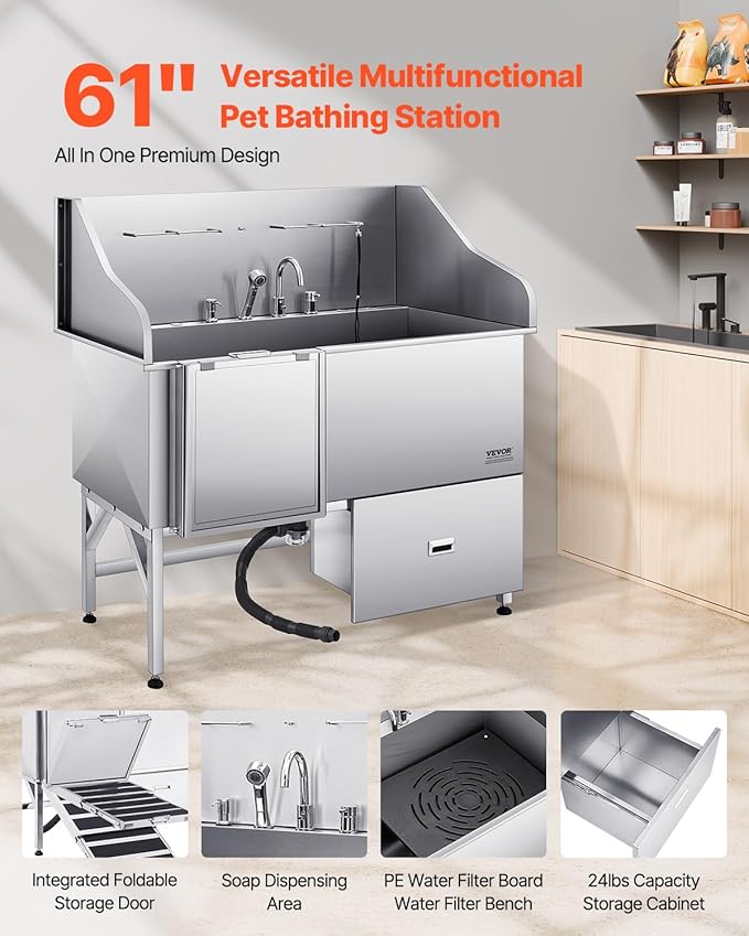 VEVOR Professional 304 Stainless Steel Dog Bathing Station, 61 inch Pet Grooming Tub w/Anti-Slip ramp, Storage Drawer, Cold Hot Faucet Showerhead, for Large & Medium & Small (Left Door, with Drawer)