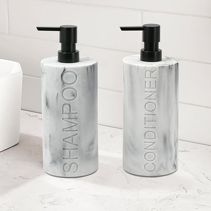 Marble Resin 2 Piece Shampoo and Conditioner Dispenser Set, Luxurious Refillable Pump Bottles with Matte Pump Top and Embossed Text, Durable Design for Bathroom and Shower