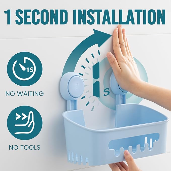TAILI Shower Caddy Suction Cup 2 Pack, Heavy Duty Bathroom Organizer, Removable Shelves for Inside Shower, Shampoo, Waterproof Suction Plastic Storage for Bathroom Accessories Holder, Blue