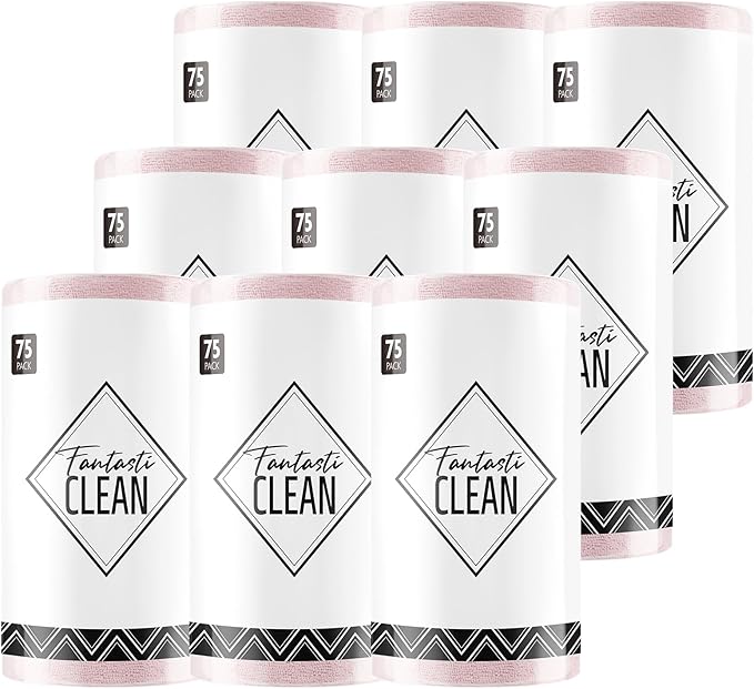 Fantasticlean Microfiber Cleaning Cloth Roll -675 Pack, Tear Away Microfiber Towels, 12" x 12", Reusable, Washable, Ultra Absorbent Dishcloth for Home Supplies, Car, Shop (9 Rolls of Pink)