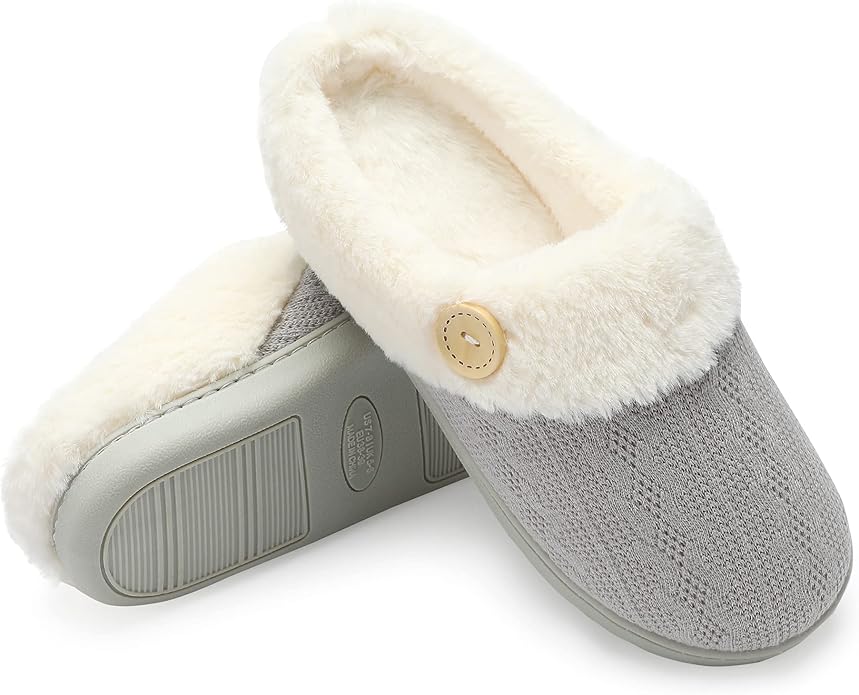 Chantomoo Womens Slipper Warm Comfy Memory Foam House Slippers Knitted Shoes Faux Fur Lined Anti-Skid Rubber Sole Bedroom Cozy Indoor Outdoor Slippers