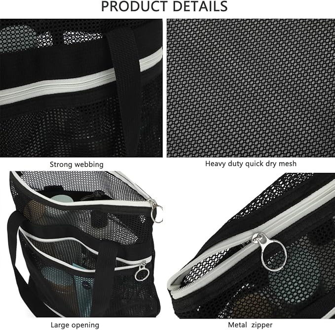 Mesh Shower Caddy Portable Shower Bag for Travel, Gym, Camping – Quick-Dry Hanging Toiletry Organizer with Zipper Pockets for Bathroom Essentials,Black