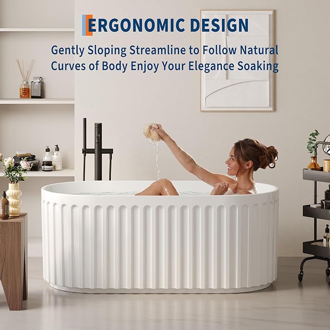 GarveeLife Freestanding Bathtubs 67 inch White Acrylic Free Standing Soaking Tub – Sleek Striped Design with Integrated Overflow, Pop-Up Drain & Hidden Pipe, Perfect for Contemporary Bathroom Décor