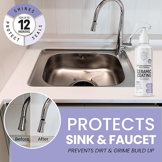 Fixture Shield Home Ceramic Coating Spray (8 oz) - SiO₂ Hydrophobic Protection for Kitchen & Bath | Repels Fingerprints, Stains & Hard Water | Extra Strength Formula | Made in USA
