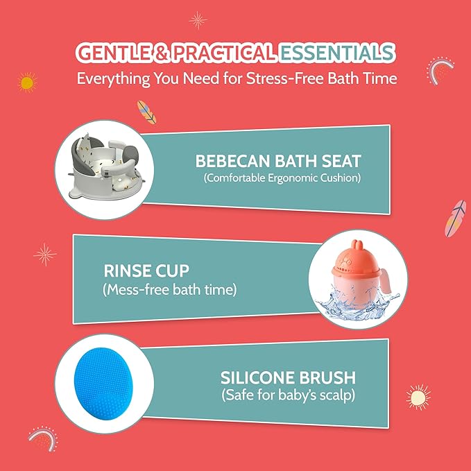 Non-Slip Baby Bath Seats 6-12 Months, Toddler Bathtub Chair with Washable Cusion, Cap Brush & Shower Mug, Infant Chair Comfortable Baby Bath Support for Safe Bathing & Sit Up Bathtub Support