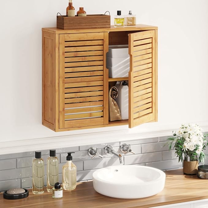 VIAGDO Wall Cabinet Bathroom Storage Cabinet Wall Mounted with Adjustable Shelves Inside, Double Door Medicine Cabinet, Utility Cabinet Organizer Over Toilet, Bamboo, 23.2''Lx8.1''Wx20.4''H