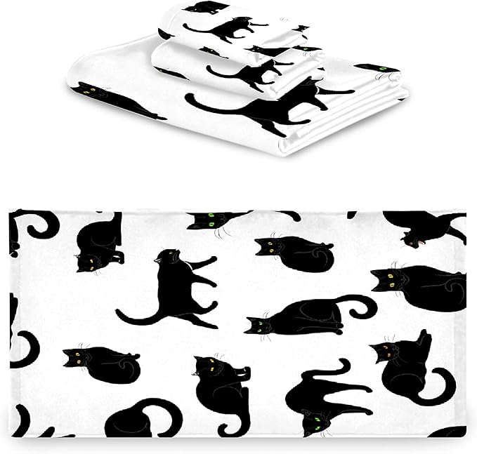 Black Cats 3 Piece Towel Bathroom Sets, 1 Bath Towel, 1 Washcloth, 1 Hand Towel, Cotton Fast Dry Soft Absorbent Towel Set for Home Kitchen Family