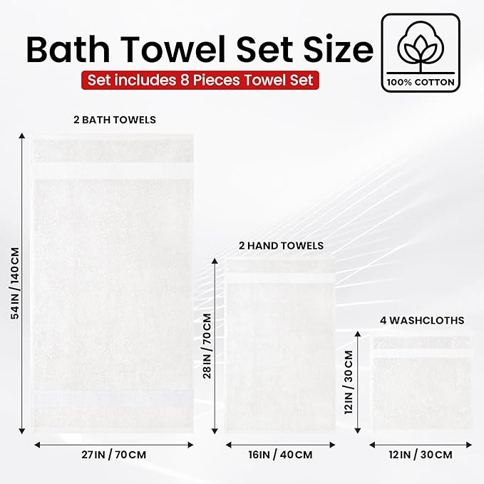 Infinitee Xclusives Luxury 100% Cotton Towel Set – 8 Piece Bathroom Towel Set (2 Bath Towels, 2 Hand Towels, 4 Washcloths) – Soft & Absorbent Towels for Bathroom (Brilliant White)