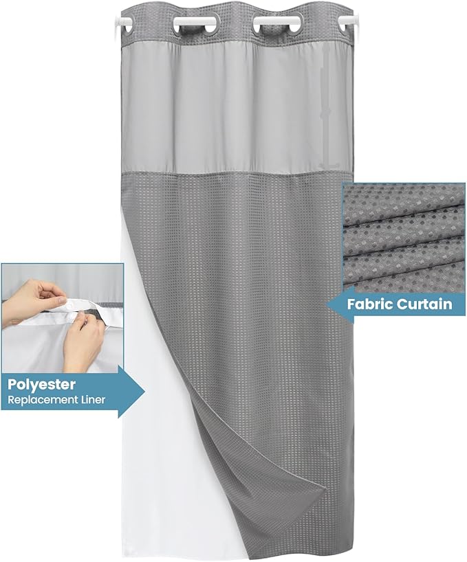 Stall No Hook Shower Curtain with Snap in Liner,230GSM Waffle Weave Shower Curtains for Bathroom,36W x 74H,Grey