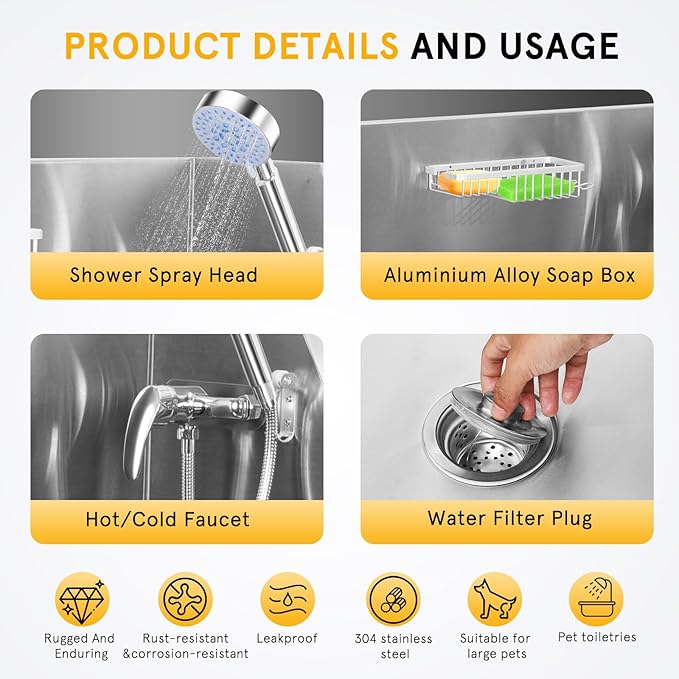 Dog Grooming Tub 38inch Stainless Steel Dog Bathing Station with Non-Slip Steps Faucet for Small to Large Pet up to 220lbs – Pet Wash Tub for Home Grooming Use