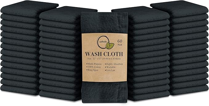 Softolle 100% Cotton Washcloths 60 Pack (12x12 Inches) Soft, Highly Absorbent Washcloth, Face Towels, Wash Cloths for Face, Ring Spun, Bulk Pack (Grey)
