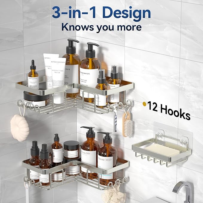 YASONIC Corner Shower Caddy, 3-Pack Adhesive Shower Caddy with Soap Holder and 12 Hooks, Rustproof Stainless Steel Bathroom Organizer, No Drilling Wall Mounted Shower Rack, Nickel
