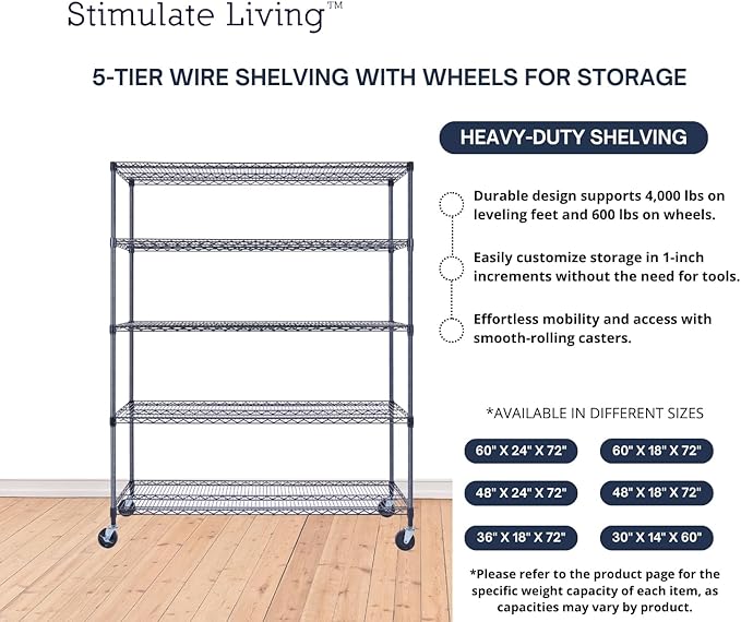 60"x18"x72" Prime Heavy Duty Black 5-Tier Wire Shelving NSF 4000 LBS MAX Capacity Storage Rack for Commercial, Hospital, School, Garage, and Kitchen Uses (with Wheels)