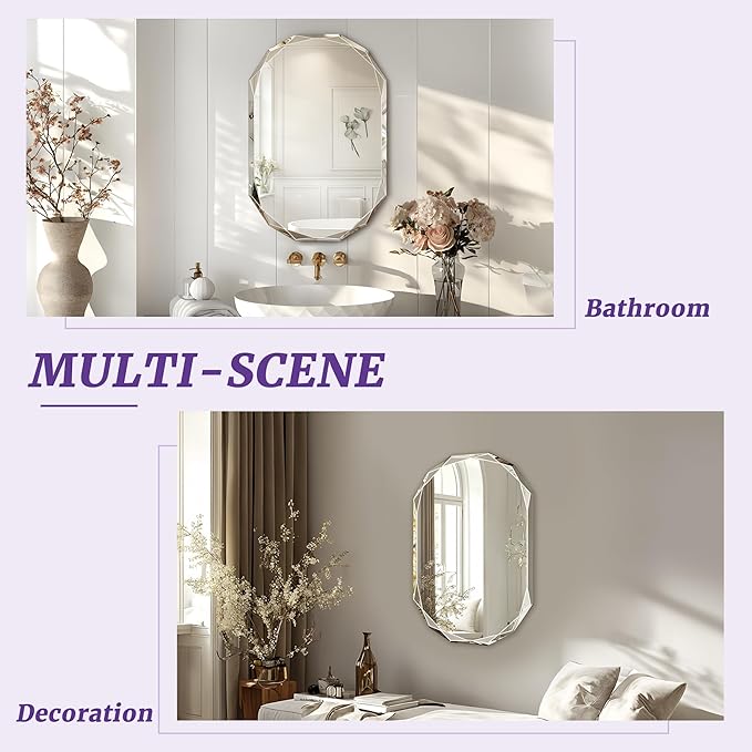 Bathroom Mirror for Wall, 30" x 40" Oval Mirror, Bathroom Vanity Mirror, Wall Mount Vanity Mirrors, Beveled Edge Frameless Wall Mirrors Decorative, Irregular Beveled Edge Mirror