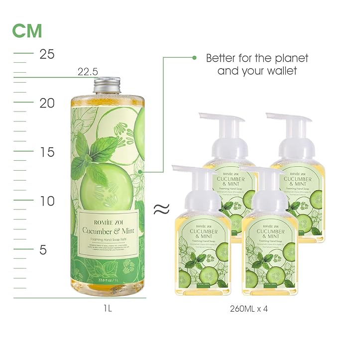 ROMIIE ZOI Foaming Hand Soap Refill Gift Set – 3 Pack (1000ML Each) with Dispenser – Cucumber & Mint Scent – Gentle & Moisturizing Plant-Based Formula – Bulk Refill Bottles for Bathroom & Kitchen Use