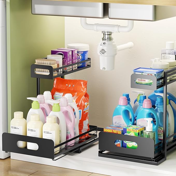 Delamu 2 Pack Metal Bathroom Organizers and Storage, 2 Tier Pull Out Under Sink Organizer for Kitchen Bathroom, Adjustable Under Sink Shelf for Multipurpose Cabinet Organizer, Black