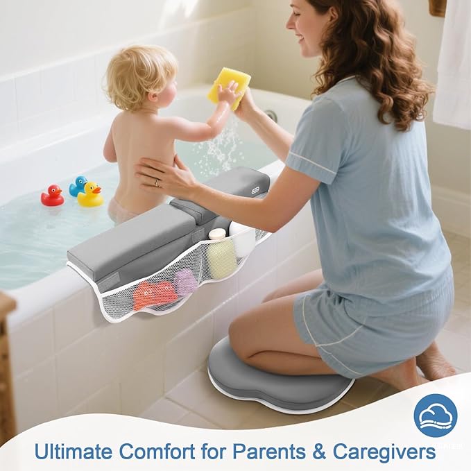 Roslim Bath Kneeler and Elbow Rest Pad Set - Quick Dry Soft Bath Mat Bundle - Non-Slip Durable Foam Kneeling Pads for Bathing, Tub Arm Rest with Toy Storage Pockets - Machine Washable, Grey